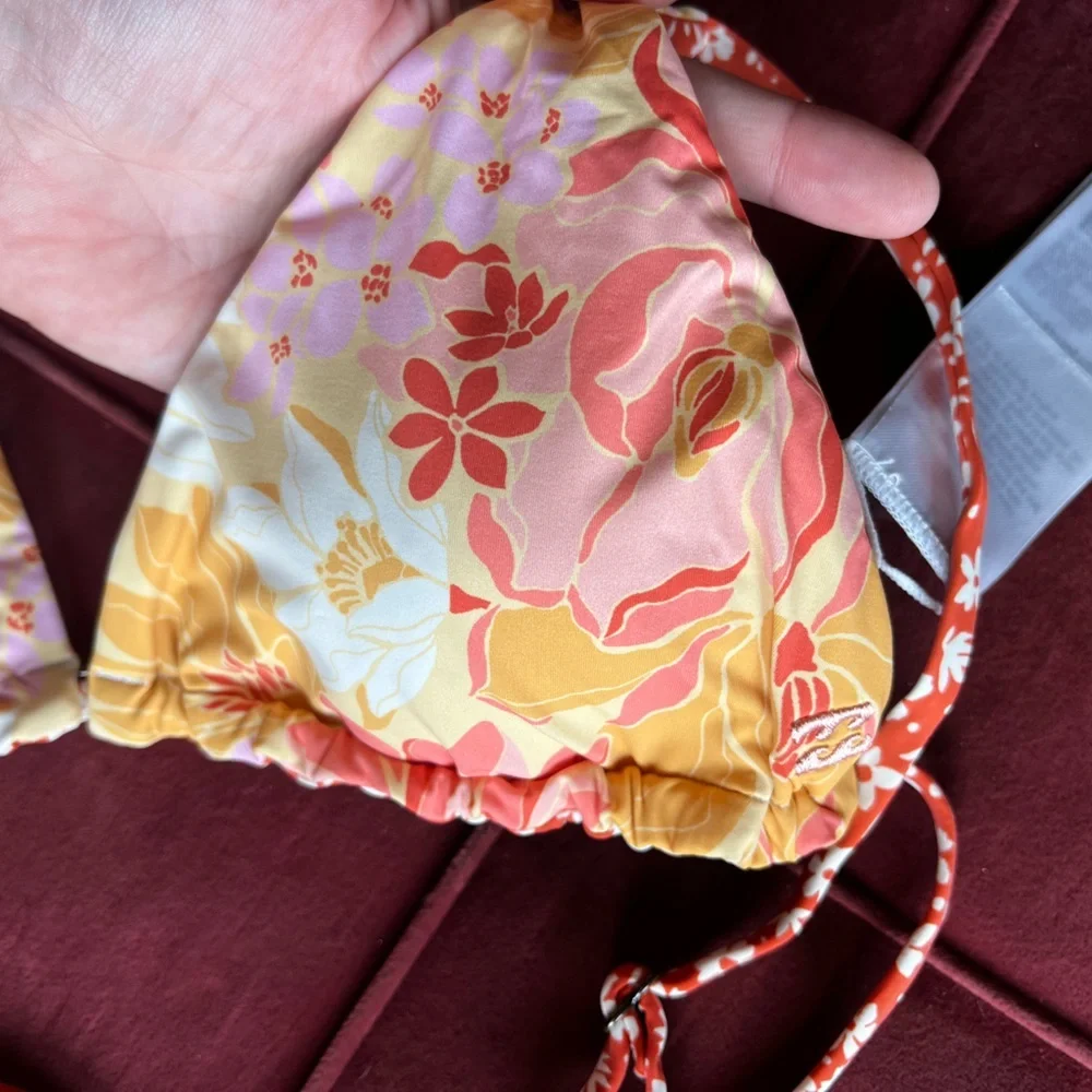 Billabong Reversible Floral Triangle Bikini Top Orange Daisy Retro Print Size S - Picture 3 of 6